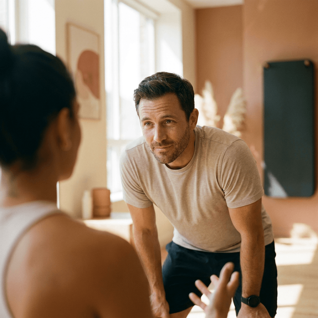 Entrenador personal conversando con su cliente tras una sesión de entrenamiento