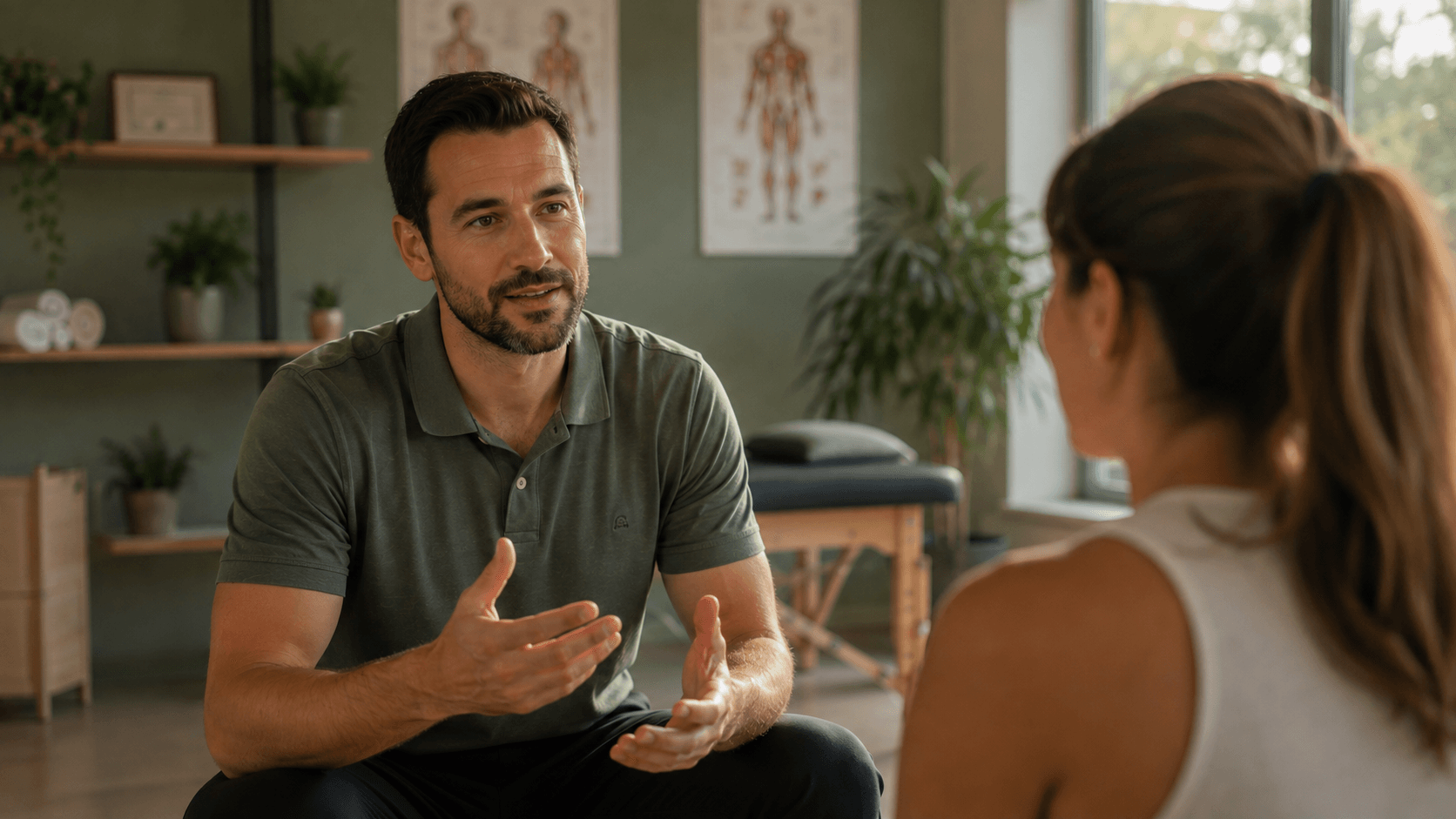 Fisioterapeuta conversando con su paciente sobre su plan de recuperación